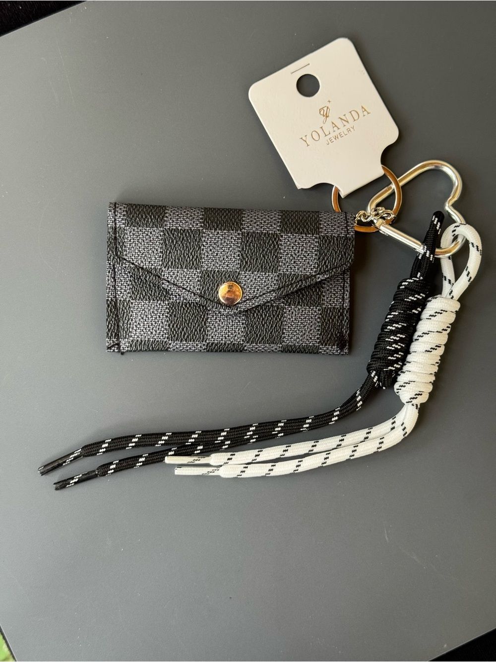 Yolanda Jewelry Gray Checkered Mini Card Holder Wallet Keychain Bag Charm NWT